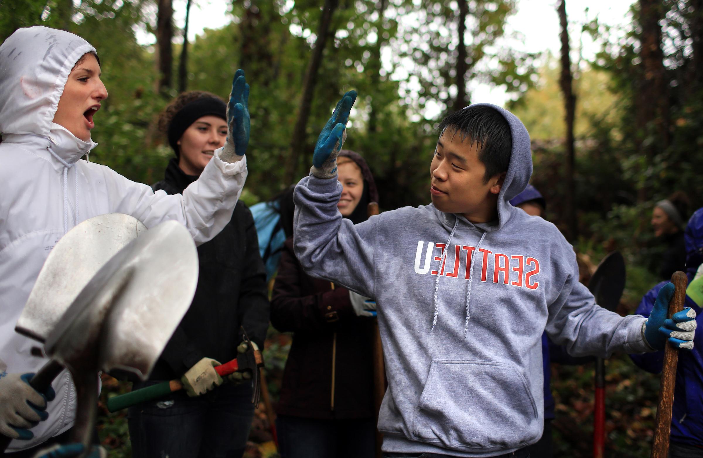 A group of people with shovels in the woods.